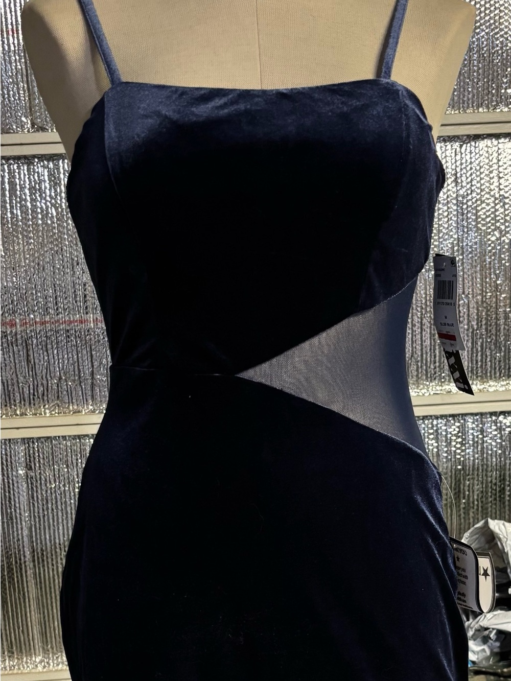 Trixxi Navy Velvet Mini Dress with Sheer Waist Panel
